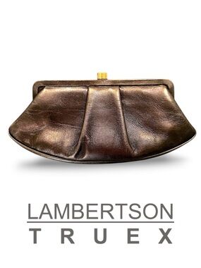 Lambertson Truex Gold Pleated Leather Blue Suede Interior Clutch — Made In Italy